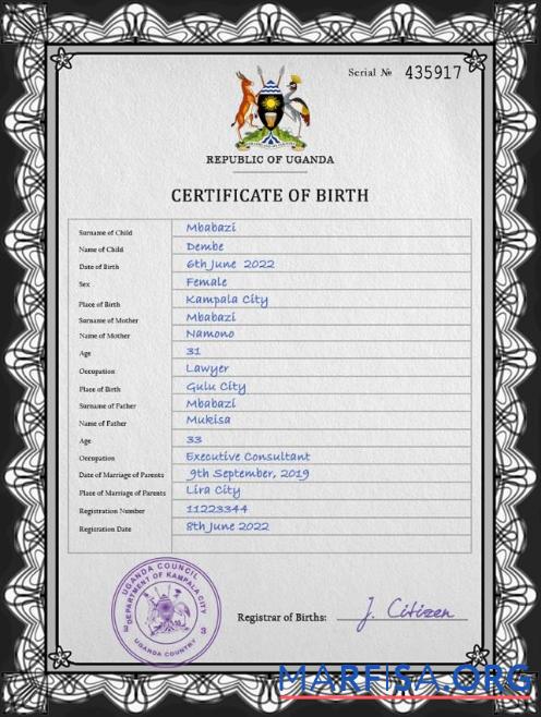 Realistic Uganda birth certificate PSD template